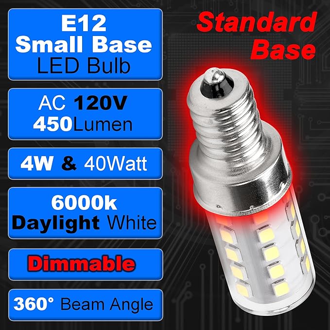 E12 Candelabra LED Light Bulbs Dimmable 4W Equivalent 40 Watt 450lm 6000K Bright Daylight White Candle Bulbs for Chandelier Pendant Dining Rooms Living Rooms Bedrooms Office, 4 Pack