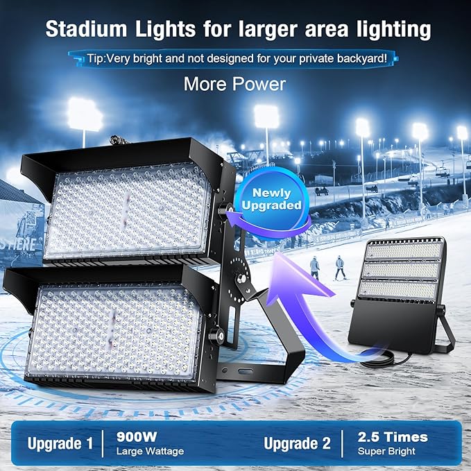 0-900W Led Stadium Lights, IP66 High Power Outdoor Sport Court Arena Light Pro-Grade High Mast Lighting with Dimmable 10KV Surge Protection Commercial and Industry for Large Area Lighting