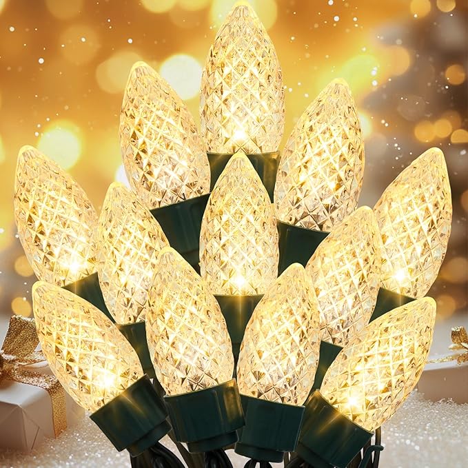 JMEXSUSS 100 LED C9 Christmas Lights Outdoor: 66 FT 8 Modes Plug in Connectable C9 Warm White Christmas Lights for Tree Roof Eaves Garden Decor