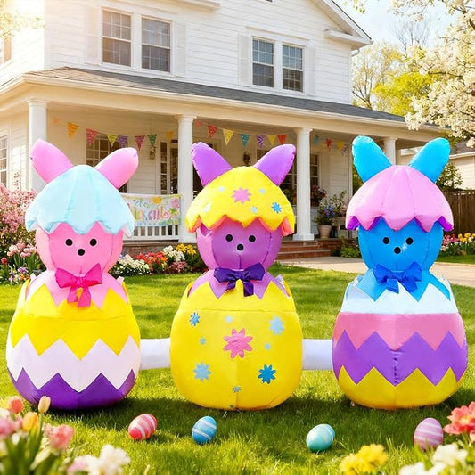 Domkom 6FT Long Easter Inflatable Bunny Outdoor Decorations, Build-in LED Lights Holiday Blow Up Yard Decoration, for Easter&Spring, Outdoor,Garden, Yard Lawn Décor