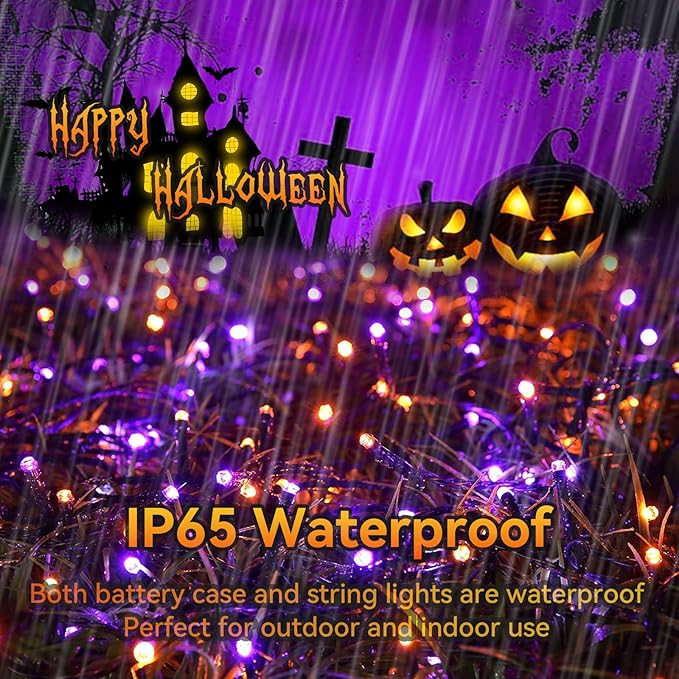 Orange Purple Halloween String Lights Outdoor 100LED Battery Operated Fairy Lights with Waterproof Remote Timer String Lights for Garden Party Holiday Halloween Décor