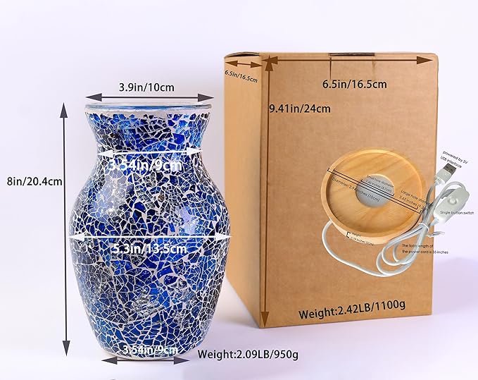 8-Inch Handcrafted Mosaic Cracked-Ice Vase Bedside Lamp with USB-Powered LED Wooden Base,Single-Switch Auto-Cycle RGB Mood Light,Ocean Blue Vase USB Night Light for Party,Camping Decor