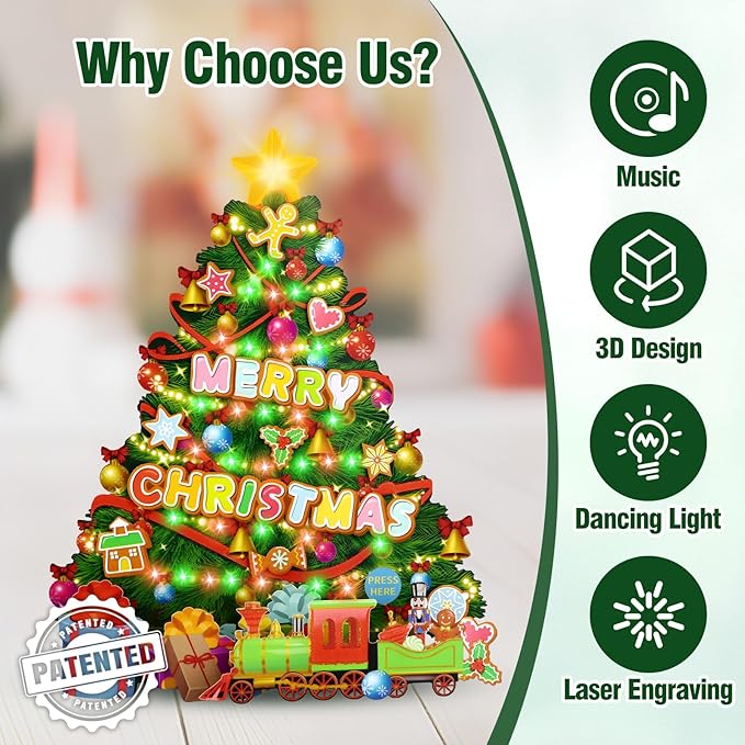 FaCraft Musical Christmas Tree Cards, 10" x 8" Handmade 3D Pop Up Christmas Card, Xmas Decoration, Easy to Stand Up, Lights Blinking Modes, with Envelope, Blank Insert and Seal, for Winter, Holidays