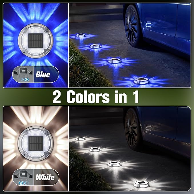 VOLISUN Solar Driveway Deck Lights Dock Marine Lights,4 Pack Solar Ground Light 2 Colors in 1 led Waterproof,Driveway Marker Light for Pathway Warning Step (White/Blue),Auto On/Off