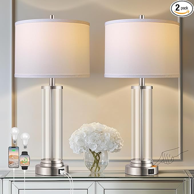 QiMH Touch Control Table Lamps Set of 2 with USB A+C Ports, 3-Way Dimmable Bedside Lamp for Living Room Bedroom House, Modern Nightstand Lamp with 2 LED Bulbs