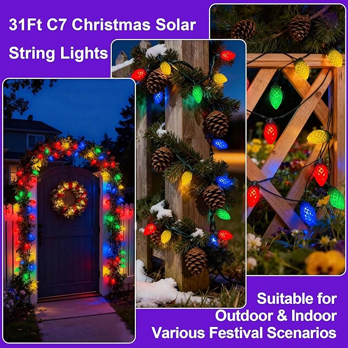 ITICdecor Solar String Christmas Lights C7 31ft 50 LED Colourful Strawberry Hanging Lights Outdoor Waterproof Green Wire Fairy Light Decoration for Garden Patio Yard Camping Party Gifts for Dad Mom
