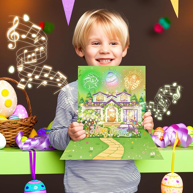 Easter Card, firework light and music for Pop Up Card, easter Greeting Cards with Envelope, Funny Easter gift For Family, Friend, Kids