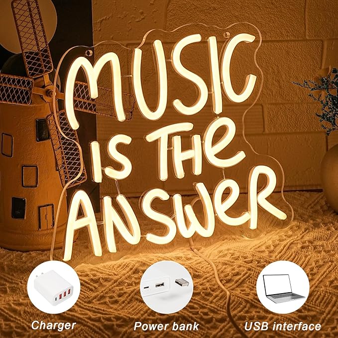 Music Is The Answer Neon Sign for Wall Decor Warm White Letter Neon Light Live Music Neon Light Sign LED Word Light for Studio Concert Bar Bedroom Decoration
