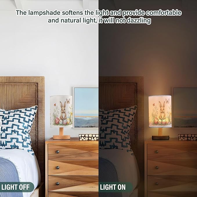 Watercolor Easter Bunny Butterfly Egg Floral Table Lamp with Wood Base Fabric Lamp Shade Bedside Nightstand Desk Lamp for Living Room Bedroom Kids Room Office