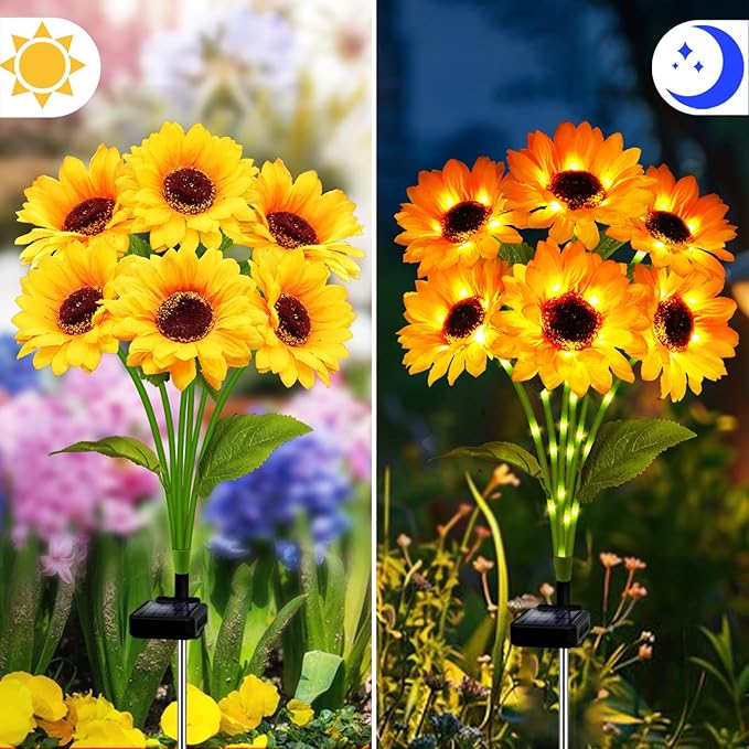 Solar Garden Lights 2 Pack 12 Solar Sunflower Lights, Gifts for Mom Women Grandma Mothers Day Birthday, Waterproof Solar Flower Light for Outdoor Decoration, Decorative Stakes for Yard,Landscape,Patio