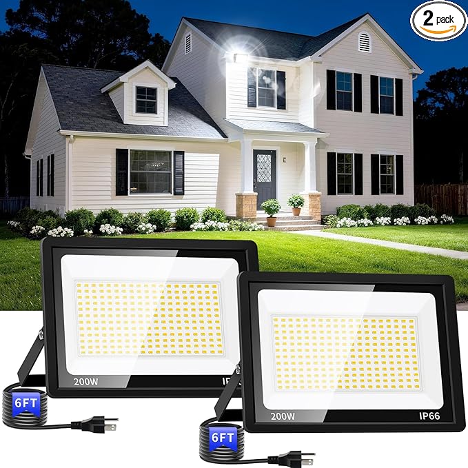 200W Flood Lights Outdoor, 24000lm Bright Security Light with Plug & 6ft Cord, 5000K Daylight White Exterior LED Floodlight, IP66 Waterproof LED Work Light Yard Lights for Garage Stadium 2 Pack
