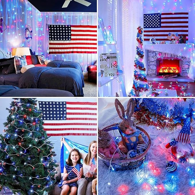 JMEXSUSS 2 Pack 100 LED Red White and Blue Lights, 33ft Connectable 4th of July Lights Outdoor, 8 Modes Patriotic String Lights Indoor for Independence Day 4th of July Memorial Day Holiday Decor