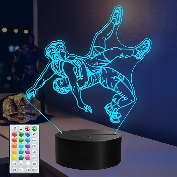 Wrestling Night Light, Wrestling Gifts for Men, 3D Illusion Lamp with Remote Control, 16 RGB Colors, 4 Flashing Modes, Timer, Dimmable, Boys Room Decoration for Holiday Birthday Christmas