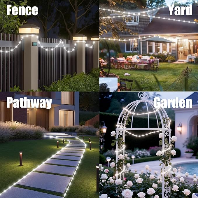 Solar Fairy Lights 33Ft 100 LED Rope Lights for Outside 8 Modes White Fairy Light Solar Outdoor for Patio Fence Party Garden Yard Home Holiday Tree Decoration.