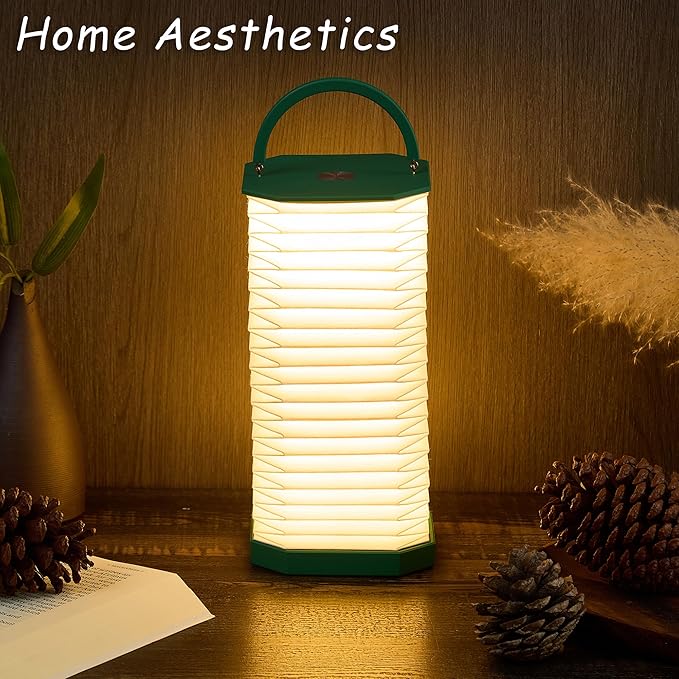 Paper Lamp House Warming Gifts, Portable Cordless Foldable Small Bedside Lamp, Retro Green Accordion Desk Lamp, Paper Lantern Lights 1200mAh, Japanese Gifts Collapsible Pleated Wireless lamp