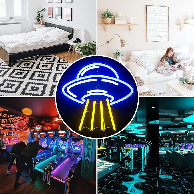 LUCUNSTAR UFO Neon Sign For Room Alien LED Neon Light Spaceship Dimmable Space Neon Signs for Wall Decor Blue UFO Neon Light Up Sign for Bedroom Game Room Wall Decor Ufo Lovers
