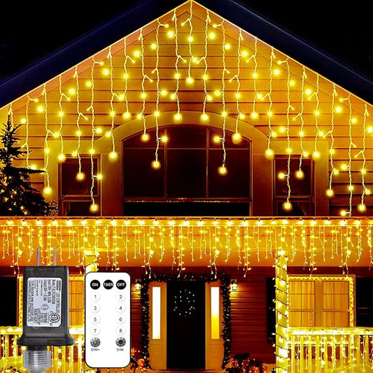 Icicle Lights for Outside,75ft 624 LEDs Warm White Christmas Light Outdoor,8 Modes,Timer,Plug in Waterproof Twinkly Icicle Lights for Eaves Yard Party House Holiday Christmas Decoration