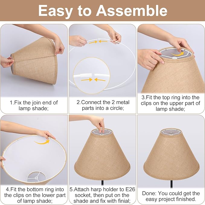 Burlap Empire Lamp Shades Set of 2, 6" Top x 16" Bottom x 10.8" High, Brown Lamp Shades for Table Lamps Floor Lamps, Natural Linen Lampshades Replacement, Spider, Harp Holders Included, Easy Assembly