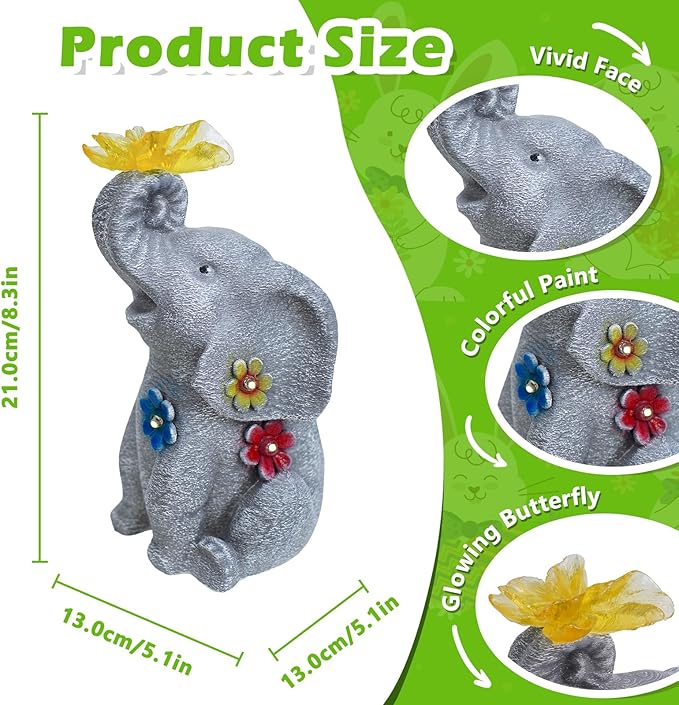 Lucky Elephant Garden Statue with Solar Butterfly Light - Prosperity Figurine with Rustic Finish & Colorful Accents - Waterproof Outdoor Decor for Home Entrance & Patio