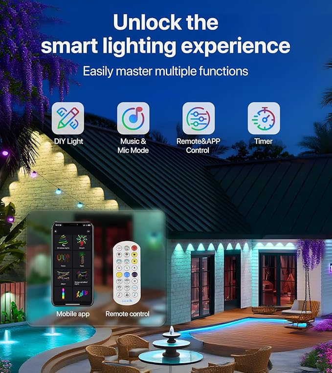 Permanent Outdoor Lights,50FT RGB+IC LED Lights with Smart APP & Remote Control, 72 Scene Modes, Waterproof IP65 for Holiday,Christmas,Yard Decorations(Extension Cord Not Included)