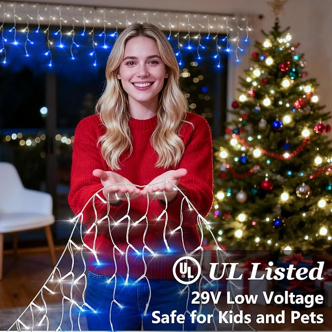 612 LED String lights Indoor Outdoor, 60ft Christmas Window Lights with 136 Drops 12 Modes, Dimmable Curtain Lights, Fairy Lights for Bedroom Holiday Wedding Party Home Decorations, Blue & White
