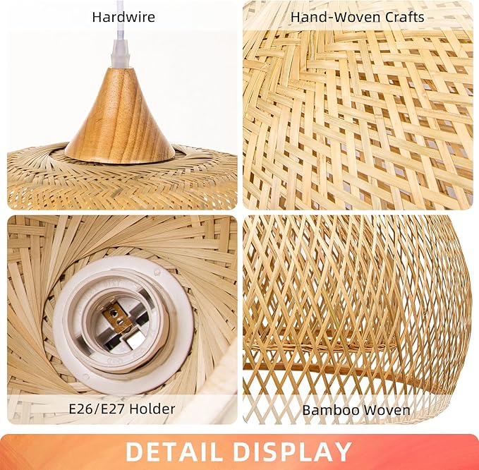 Arturesthome Bamboo Pendant Light for Kitchen Island, 17.6" Wicker Chandelier Lighting, Handmade Woven Hanging Ceiling Light Lampshade for Living Room Bedroom
