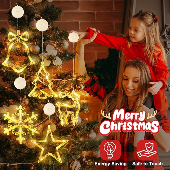 Asaint 5Pcs Christmas Window Lights Decorations,Lighted Bell Tree Reindeer Snowflake Star Battery Operated with Suction Cup for Christmas Window Glass Wall Indoor Decorations Muti-Color (Warm White)