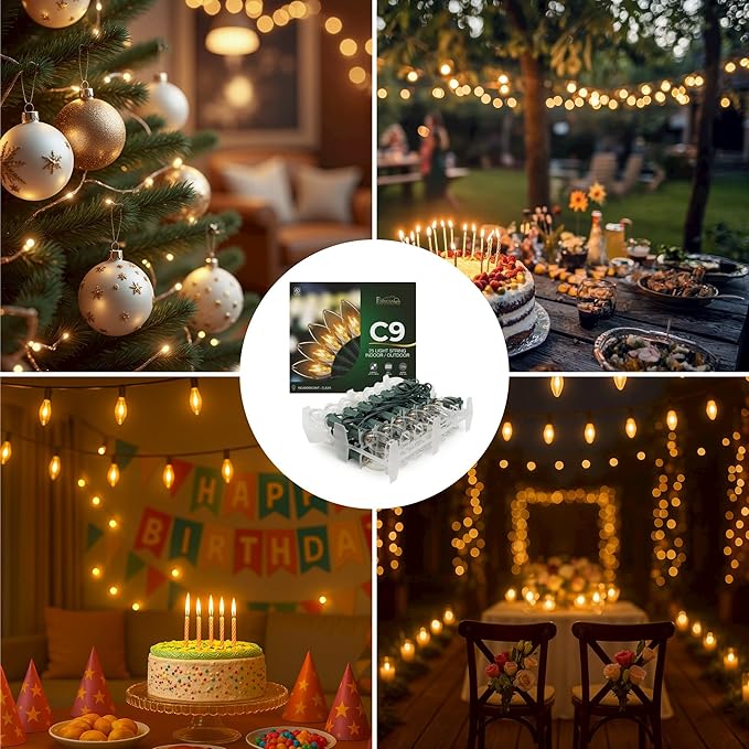 C9 26ft Indoor/Outdoor Transparent Multicolor Incandescent Christmas String Lights with 25 Bulbs and E17 Base | 120V, 7W