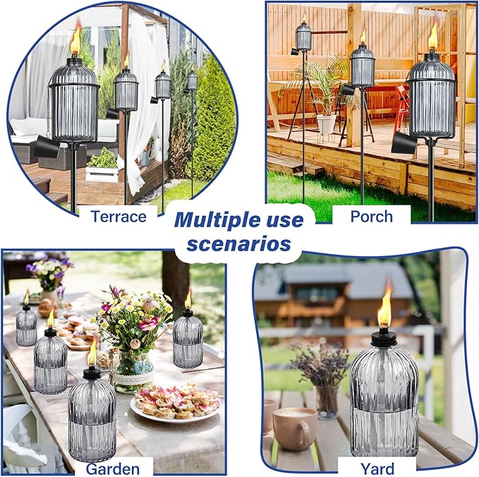 4 Pack Gray Glass Garden Torch, Colorful Outdoor Torch Garden Décor,61-Inch Upgraded Citronella Torches with 3-Prong Grounded Stake, Metal Light Torches for Party Patio Pathway