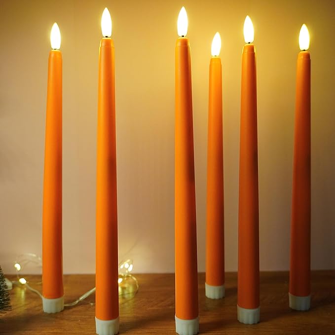 Orange Flameless Taper Candles with Remote, Fall LED Candlesticks Battery Operated Flickering Set of 6
