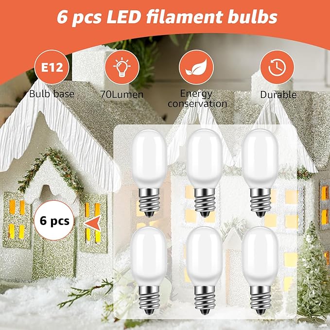 6PCS Christmas Village Replacement Light Bulbs-T20 Replacement Led Light Bulb,E12 Candelabra Base 0.7W 120V LED for Village Houses,Christmas Tree,Dept 56,Halloween Pumpkin Decor Accessories