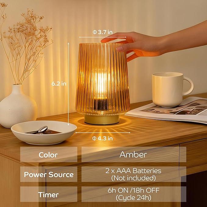 Battery Operated Decorative Lamp with Timer, Small Cozy Table Lamp for Bedside & Home Decor, Aesthetic Cordless Battery Powered Accent Lamp for Living Room Shelf, Amber
