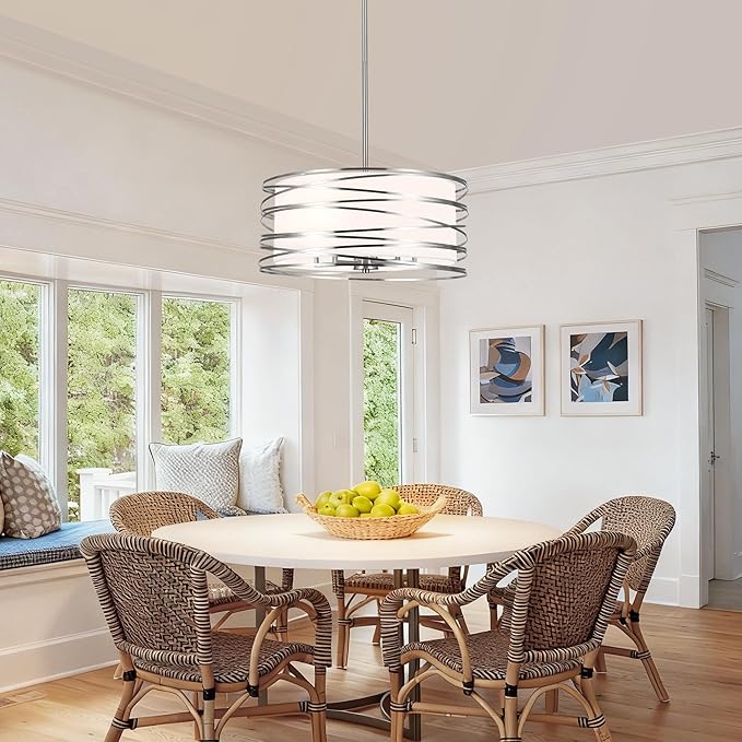 19.7'' Brushed Nickel Drum Chandeliers for Dining Room, 5-Lights Kitchen Chandeliers Over Table, Entryway Light Fixture Hanging, Industrial Round Chandelier for Living Room Stairwell Bedroom