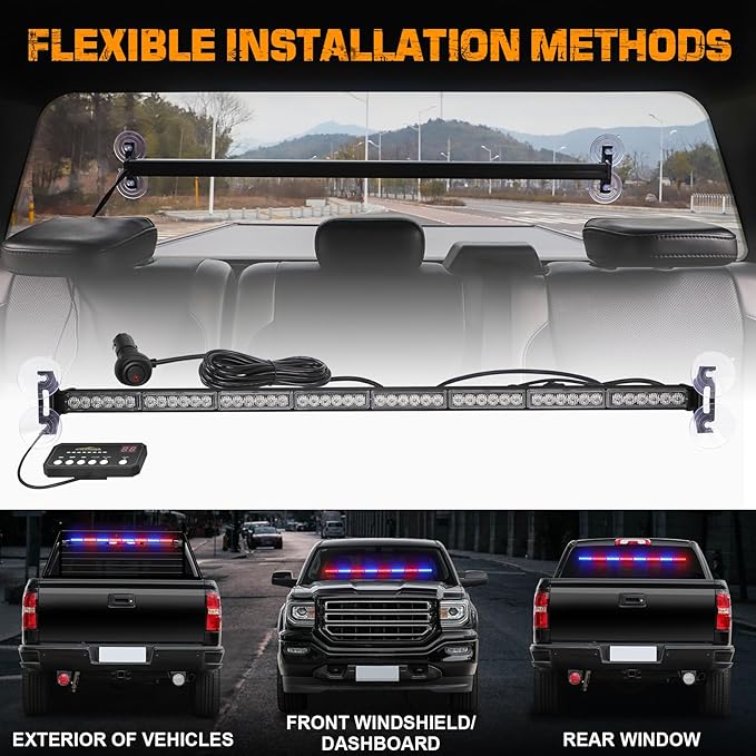 XRIDONSEN 35 inch Traffic Advisor Red Blue Police Lights 48 LED Emergency Strobe Light Bar Safety Hazard Warning Lights Front/Rear Window w/Display Controller for Law Enforcement Vehicles Trucks Car