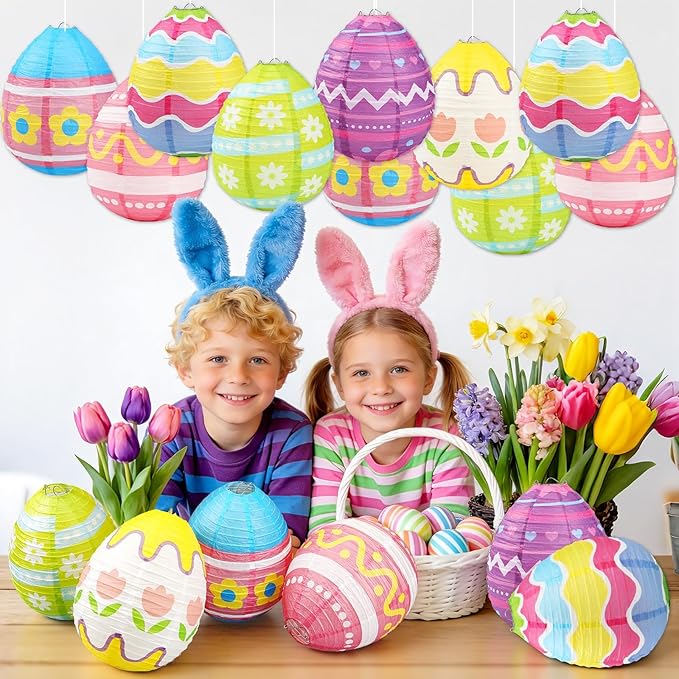 DECYOOL 12 Pieces Pastel Paper Lanterns, 6 Styles of Easter Egg Colorful Hanging Lantern Decor for Parties, Classroom Home Indoor Outdoor Celebrations