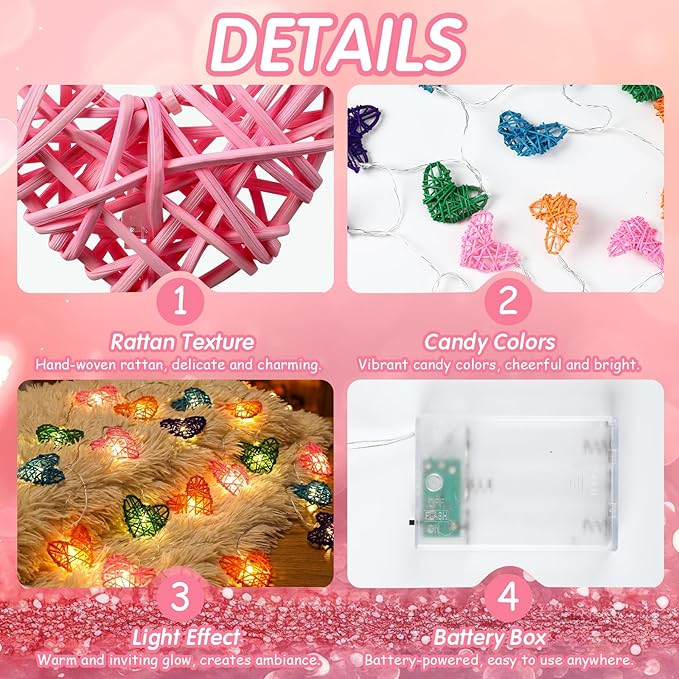 Heart String Lights for Wedding Birthday Party - 3D Hollowed Rattan 9.8ft 20 LED Candy Color Love Lights, Battery Powered, Multi-Color