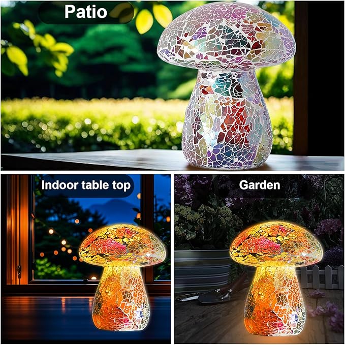 Mosaic Mushroom Garden Lights - Table Lamp Outdoor Decor Waterproof Night Light Lawn Decor Statue for Patio, Party, Yard (Red)
