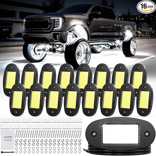 16 Pods COB White Rock Lights, 120 COB Chips 6500K Pure White Super Bright Neon Underglow, IP68 Waterproof Shockproof Off-Road Light Kit for Pickup Trucks, SUV, UTV, ATV, RZR, Cars Boats
