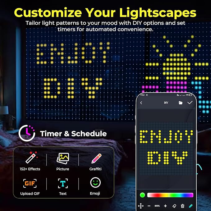 Brewish 400 LED Curtain Fairy Lights | 7.2 x 7.2 Feet Programmable DIY Christmas String Light | Color Changing Music Sync Text, Cartoon Display Options | Remote & App Controlled | IP65 Waterproof