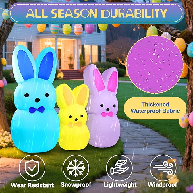 7FT Easter Bunny Inflatables Outdoor Yard Decoration LED Lighted Blow Up Colorful Triple Rabbit for Lawn Garden, Indoor Outdoor Inflatable Decor for Easter Party & Egg Hunt