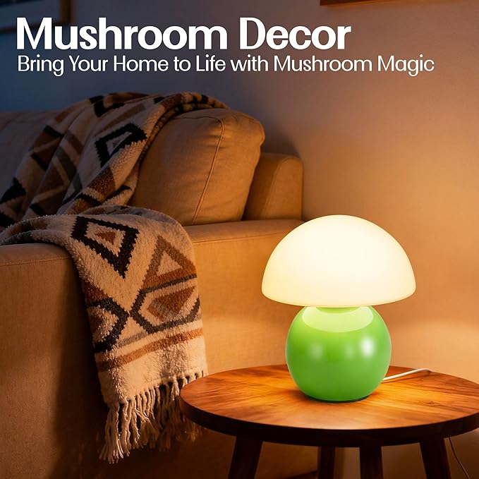 Small Mushroom Lamp,USB-Plug in Bedside Table Lamps with 3-Temperature LED Bulb Dimmable,Unique Cute Aesthetic Home Decor for Living Room,Bedroom, Modern Ceramic Base Glass Lamp(Green)