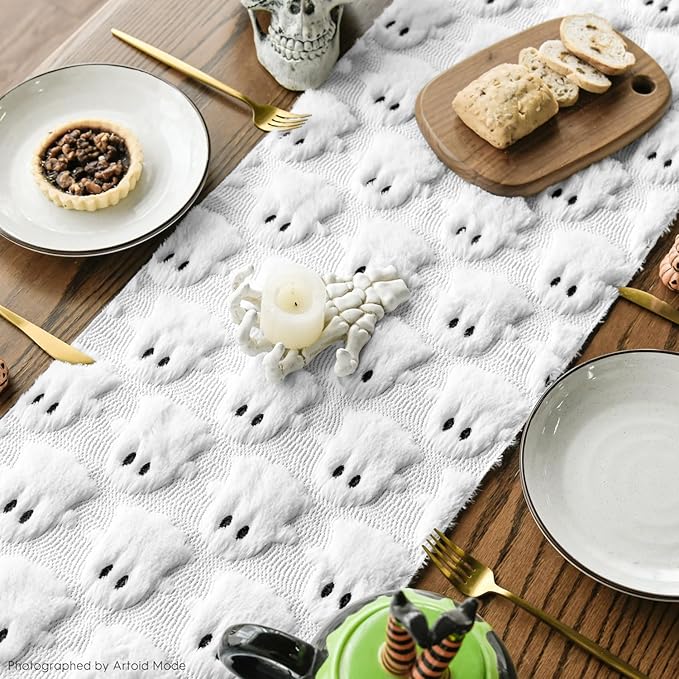 Artoid Mode Ghost Soft Plush Faux Fur Jacquard Halloween Table Runner, Holiday Kitchen Dining Table Decoration for Home Party Decor 13x48 Inch