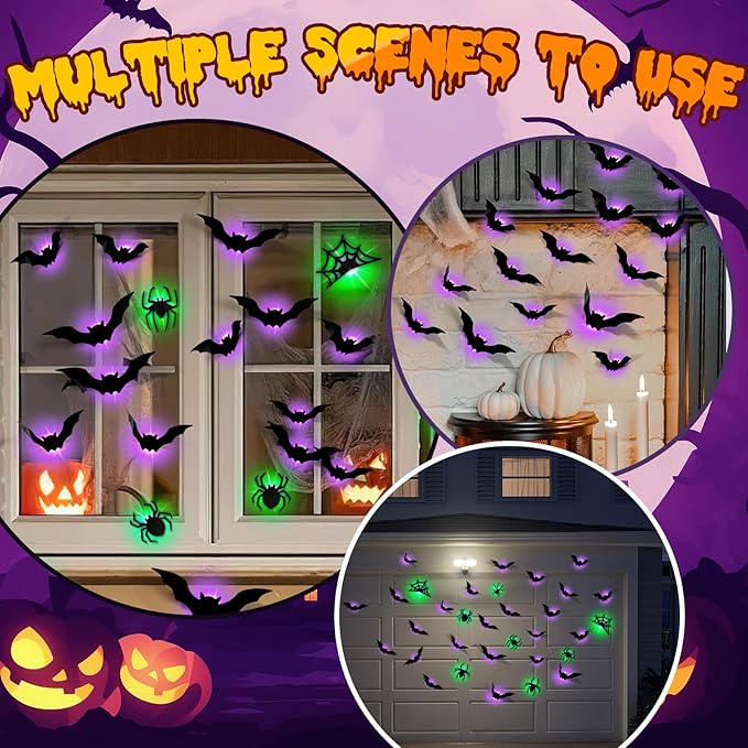 36 Pcs Halloween Bat Wall Decor with LED Lights, 3D Glowing Bat Stickers, Wall Decorations Indoor/Outdoor, LED Halloween Lights Stickers (36 Pcs Bat)
