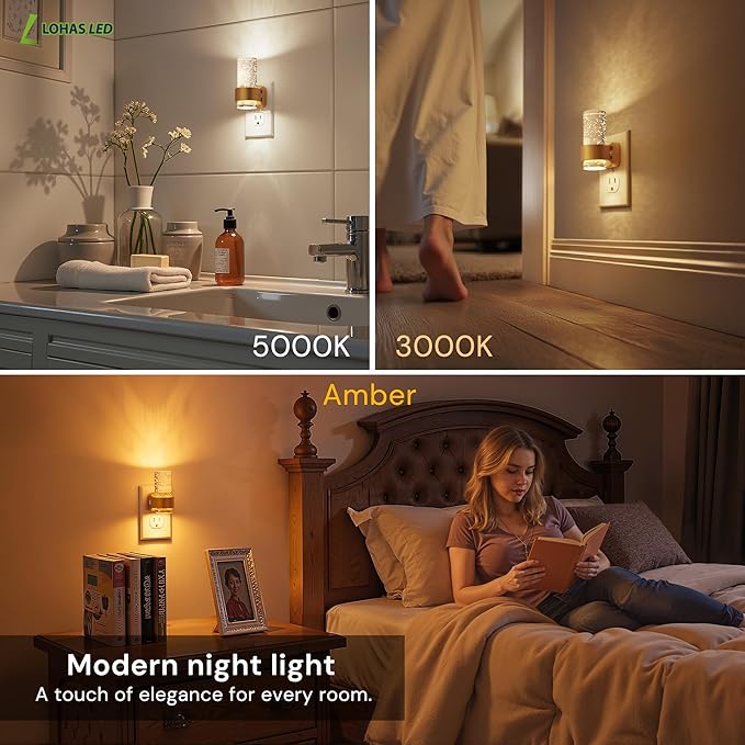 L LOHAS LED Night Lights Plug into Wall, 4 Pack Mini Dimmable Night Light with Dusk-to-Dawn, Soft White/Cool White/Amber 3 Light Color, 0-100LM Adjustable Brightness, Bubble Nightlight for Hallway
