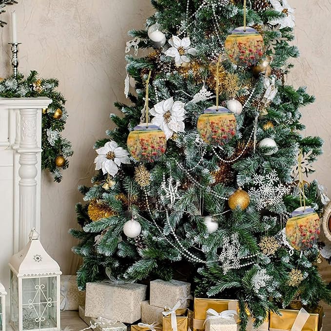 Watercolor Poppy Flowers Field Christmas Ornaments, Christmas Decorations Xmas Tree Hanging Ornaments, Round Ceramic Festive Keepsake Gift for Christmas Decorations Holiday Home Party Decors