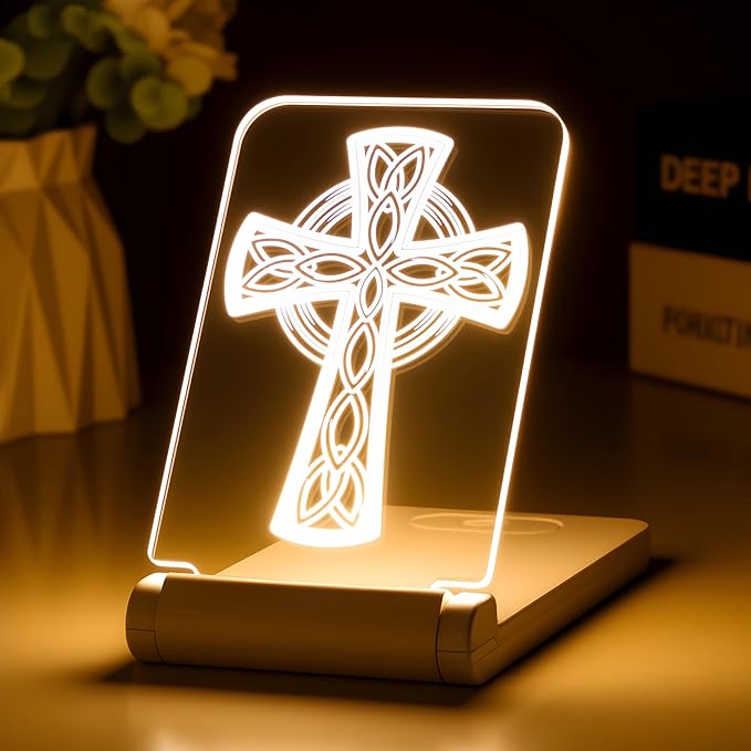Celtic Cross Night Light Irish Gifts for Men Women - Dimmable 3D LED Lamp with Timer, Foldable Portable Religious Decor for Prayer Bedroom, Baptism Confirmation St. Patrick's Day Christmas Gift
