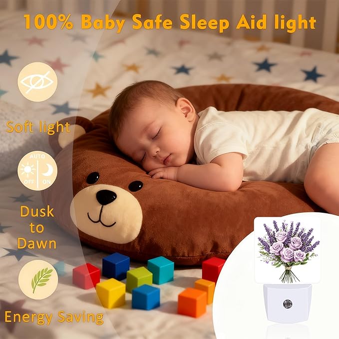 Purple Lavender and Rose Flowers Night Light for Kids, Dusk-to-Dawn Auto Sensor Plug in Night Light, 0.5W Energy Saving Non-Toxic Design for Bedroom/Bathroom, Ideal Gifts for Women, Men & Kids