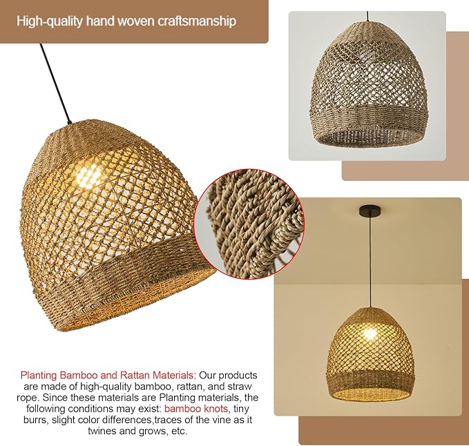 Rattan Pendant Light 13.77" Rustic Hand-Woven Wicker Hanging Light 1-Light Water Plants Rattan Chandelier for Dining Living Bedroom Kitchen Farmhouse