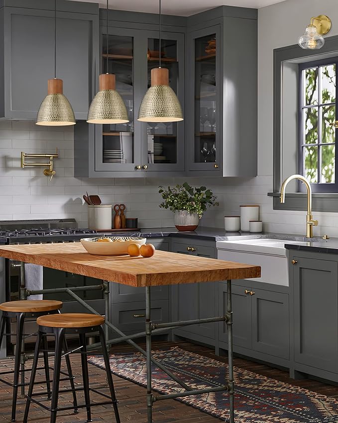 ELYONA Hammered Pendant Lights for Kitchen Island, 7” Solid Wood Vintage Metal Hanging Light Fixture Adjustable Height Antique Gold Pendant Lamp for Farmhouse, Dining Room, Brushed Brass, 3 Pack Small