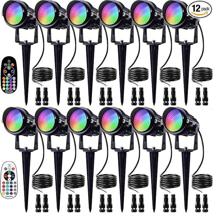 SUNVIE RGB Halloween Low Voltage Landscape Lights Color Changing 12W LED Landscape Lighting Outdoor Waterproof Remote Control for Garden Pathway Christmas Decorative Lighting, 12 Pack with Connector